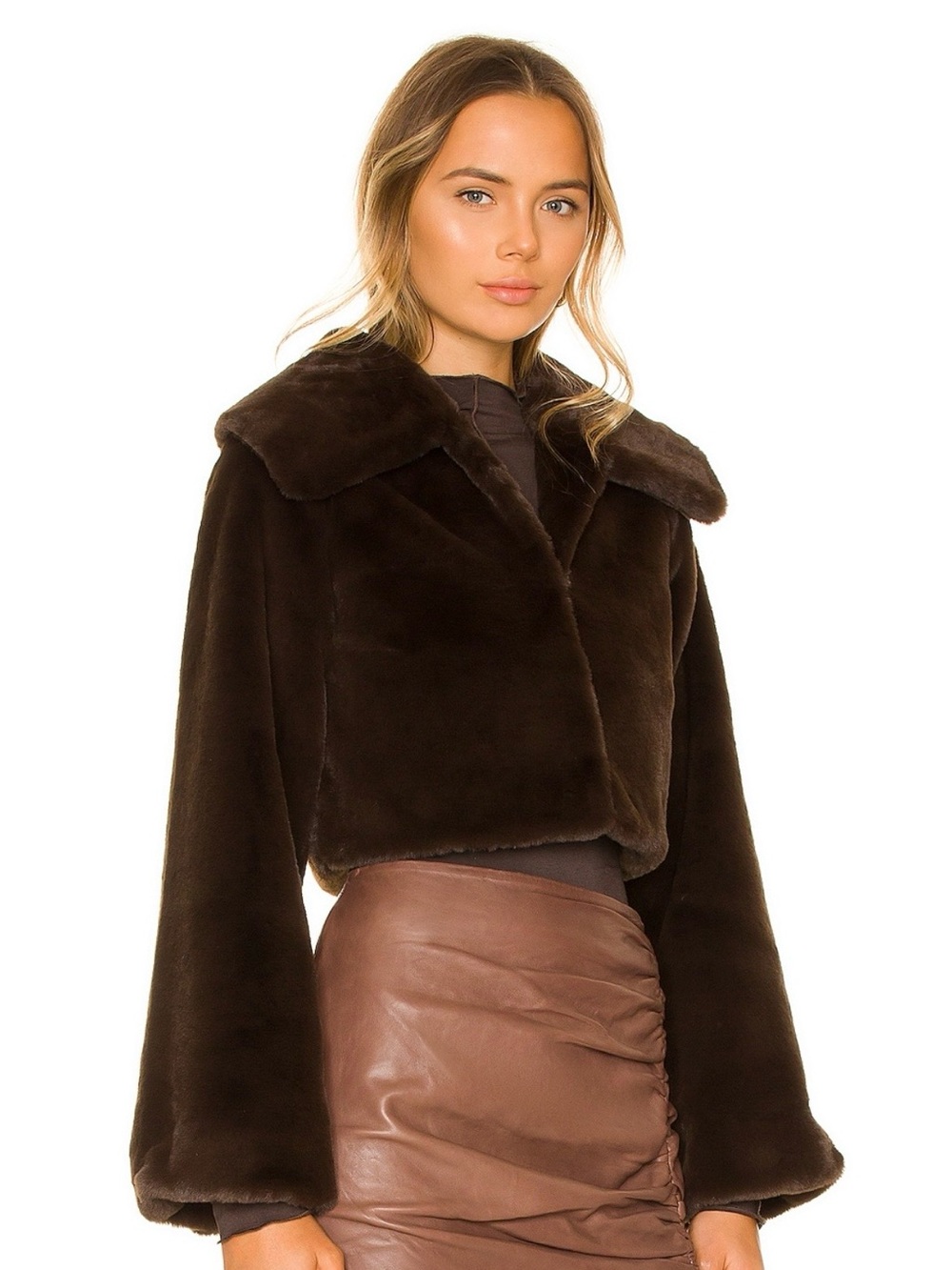 Camila Coelho Plush Cropped Teddy Jacket in Dark Brown